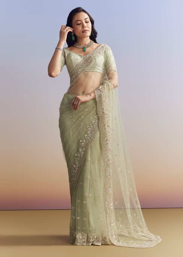 Mint Green Net Saree With Scallop Border And Heavy Embroidery