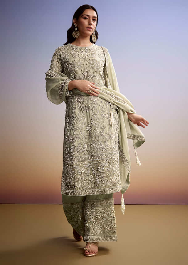 Mint Green Organza Palazzo Suit With Zari And Moti Work Mint Green Organza Palazzo Suit With Zari And Moti Work