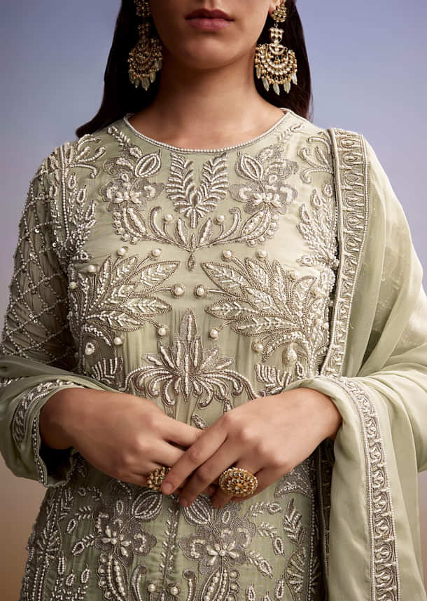 Mint Green Organza Palazzo Suit With Zari And Moti Work Mint Green Organza Palazzo Suit With Zari And Moti Work