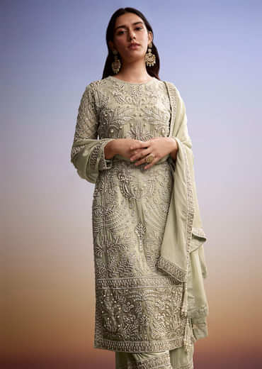 Mint Green Organza Palazzo Suit With Zari And Moti Work