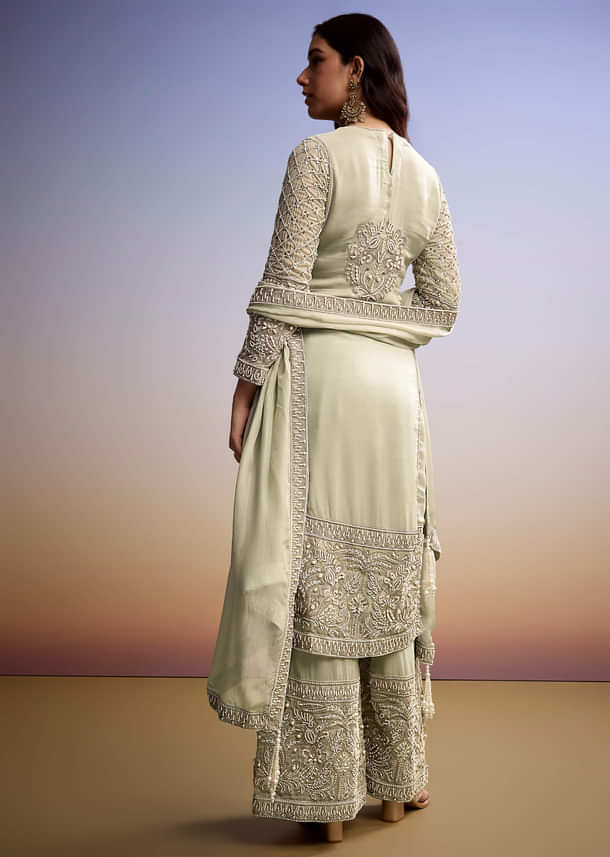 Mint Green Organza Palazzo Suit With Zari And Moti Work Mint Green Organza Palazzo Suit With Zari And Moti Work