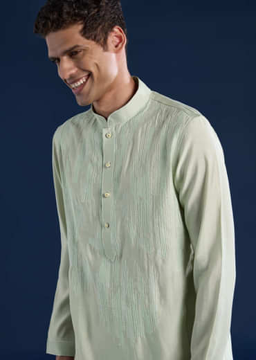 Mint Green Resham Embroidered Mens Kurta and Pant Set