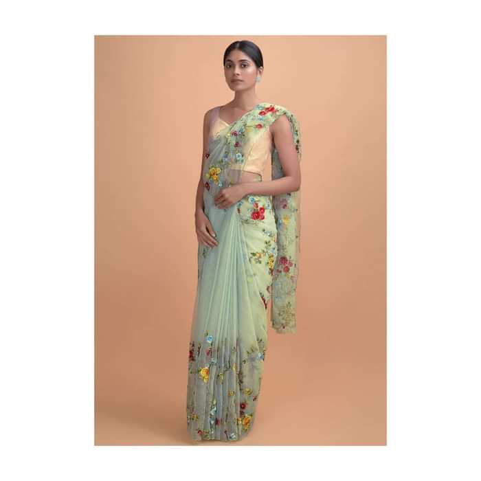 Mint Green Saree In Organza With Thread Embroidery In Floral Pattern Online - Kalki Online