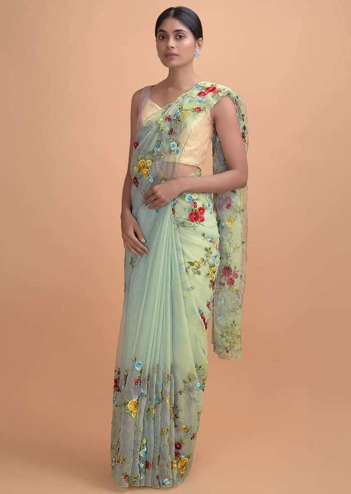 Mint Green Saree In Organza With Thread Embroidery In Floral Pattern Online - Kalki Online
