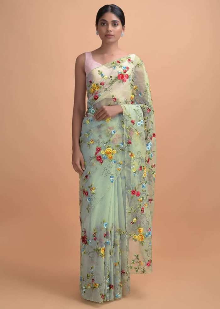 Mint Green Saree In Organza With Thread Embroidery In Floral Pattern Online - Kalki Online