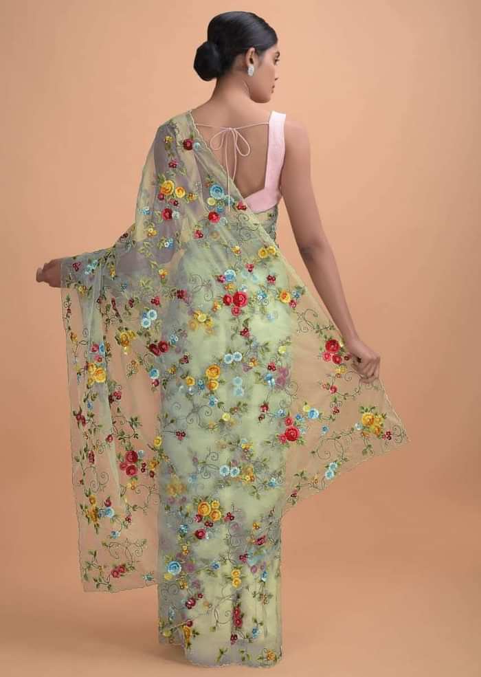 Mint Green Saree In Organza With Thread Embroidery In Floral Pattern Online - Kalki Online