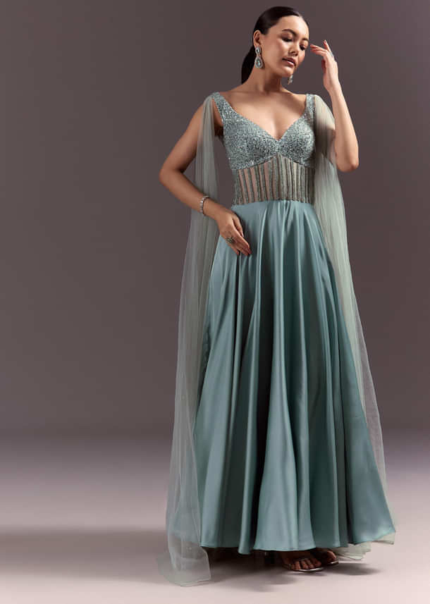 Mint Green Satin Gown With Corset Style Embroidered Bodice