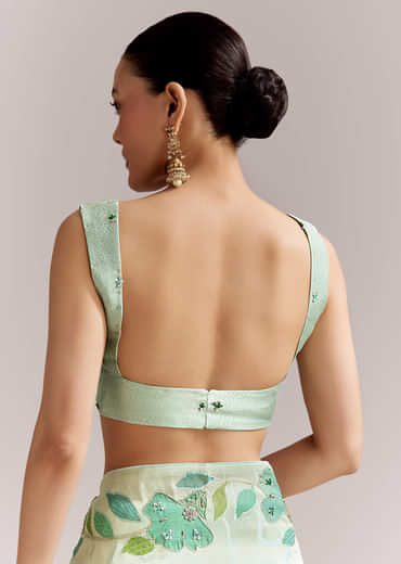 Mint Green Satin Printed Saree With Digital Florals