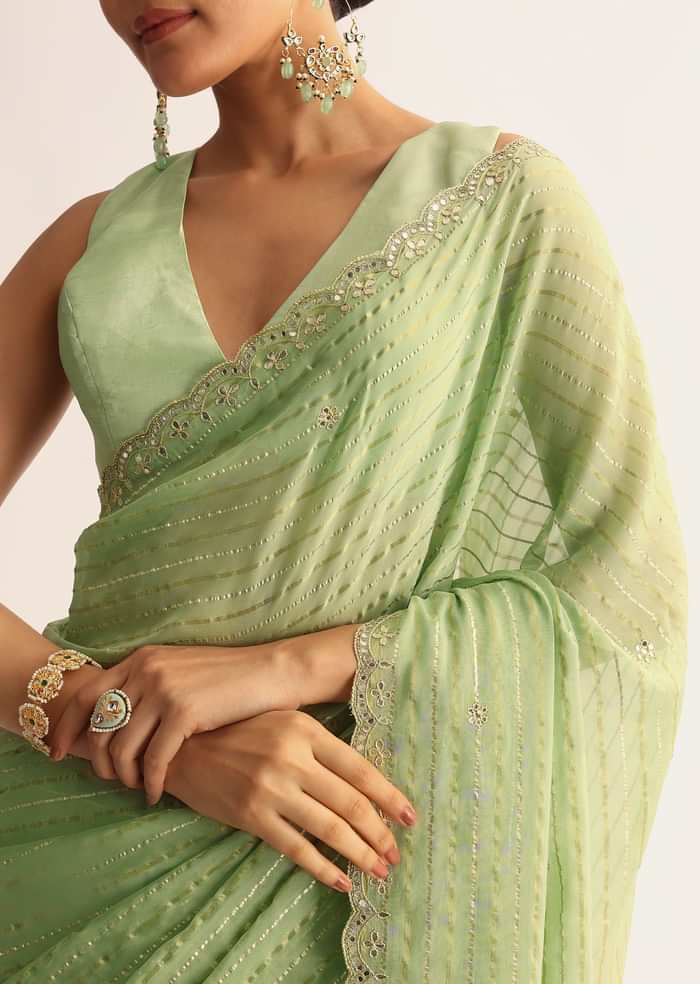 Mint Green Scallop Bordered Saree With Foil Printed Stripes
