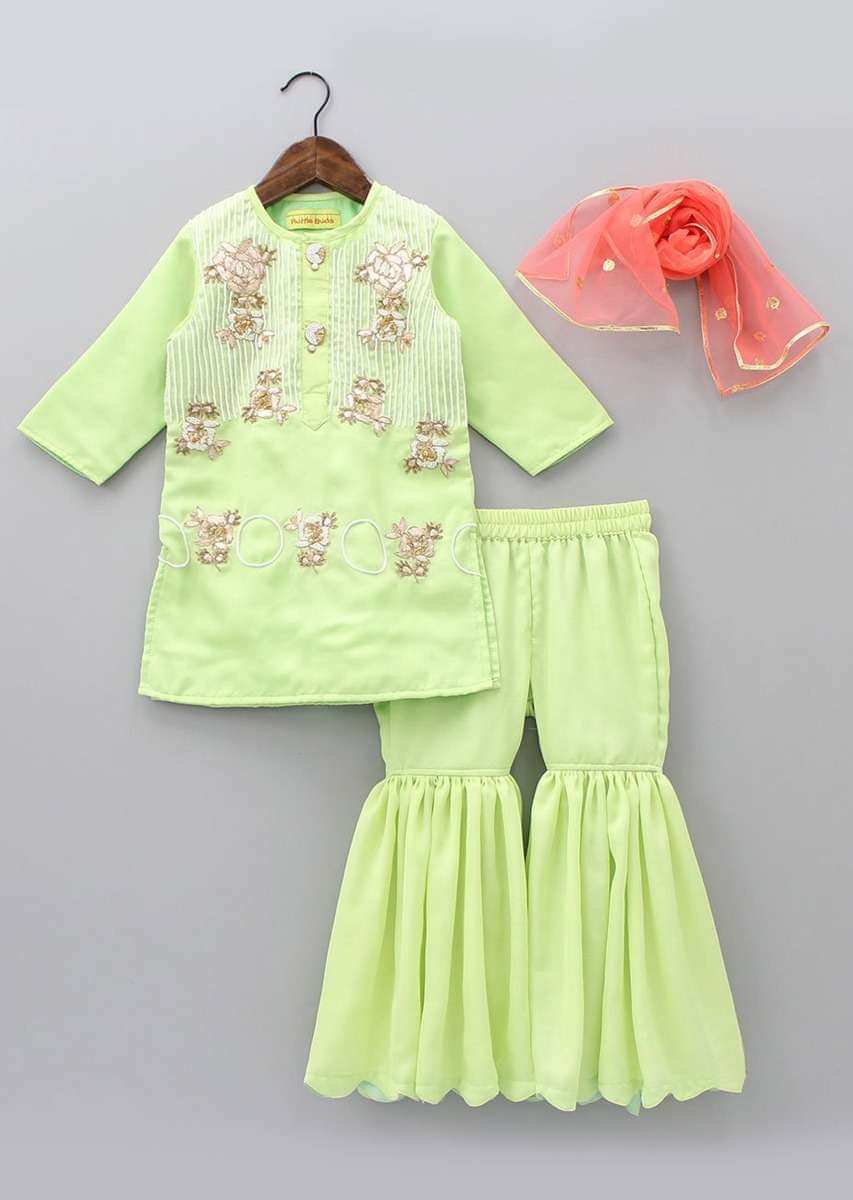 Mint Green Sharara Suit In Muslin Cotton With Zari Embroidered Butti And Patch Net Dupatta Online - Kalki Fashion