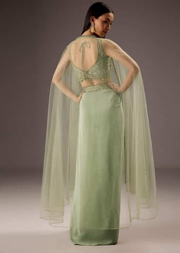 Mint Green Silk Crop Top Skirt With Monotone Embroidery