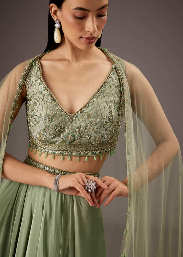 Mint Green Silk Crop Top Skirt With Monotone Embroidery