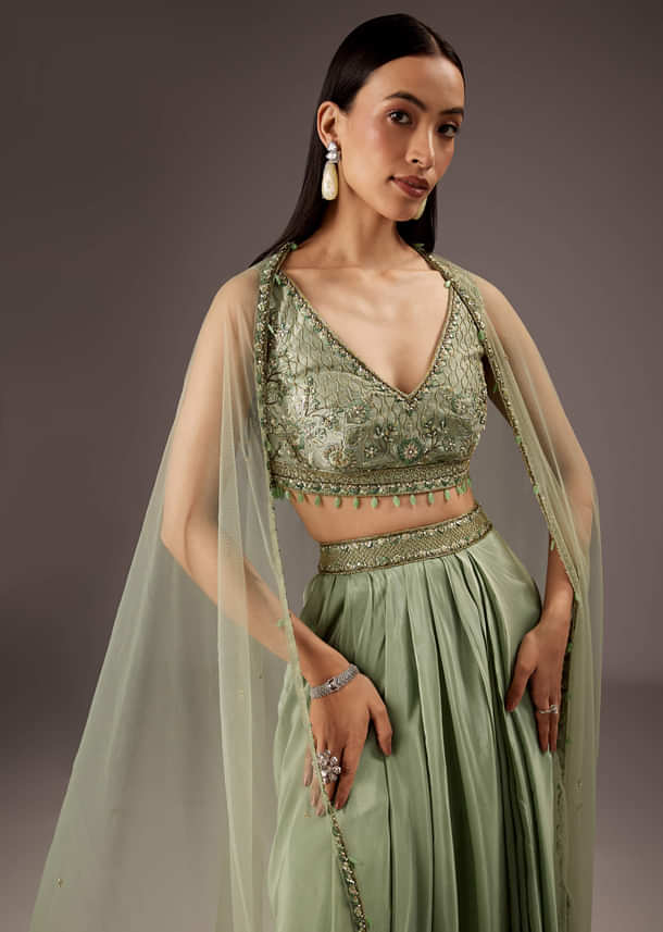 Mint Green Silk Crop Top Skirt With Monotone Embroidery