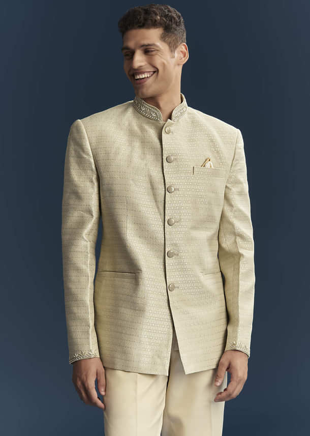 Mint Green Silk Jodhpuri Suit For Men With Hand Embroidery Mint Green Silk Jodhpuri Suit For Men With Hand Embroidery