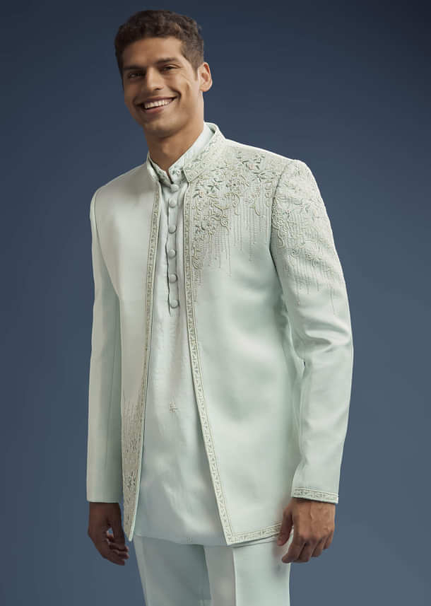 Mint Green Silk Jodhpuri Suit For Men With Zardosi Embroidery
