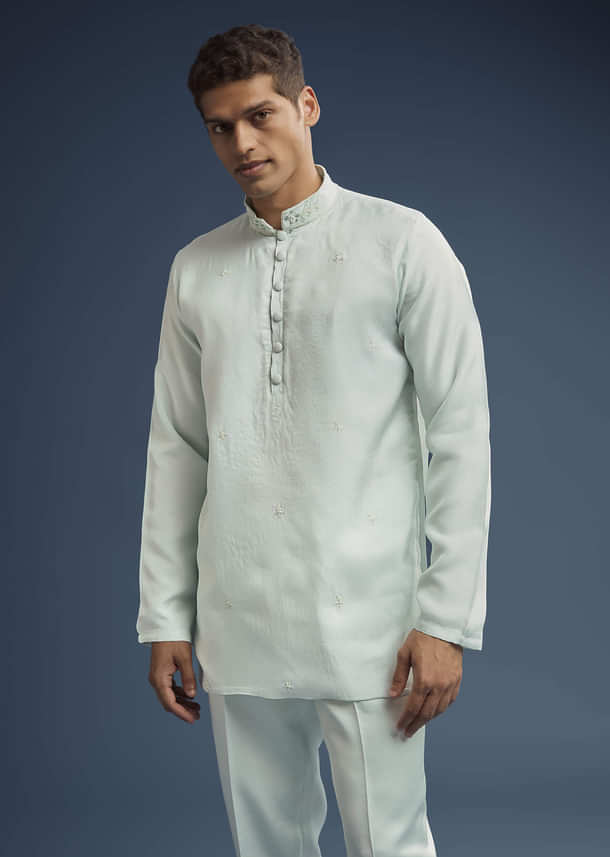 Mint Green Silk Jodhpuri Suit For Men With Zardosi Embroidery