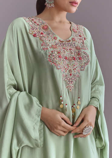 Mint Green Silk Kaftan Top And Drape Skirt Set With Resham Work