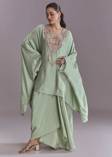 Mint Green Silk Kaftan Top And Drape Skirt Set With Resham Work