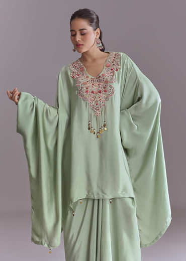 Mint Green Silk Kaftan Top And Drape Skirt Set With Resham Work