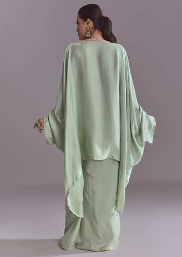 Mint Green Silk Kaftan Top And Drape Skirt Set With Resham Work
