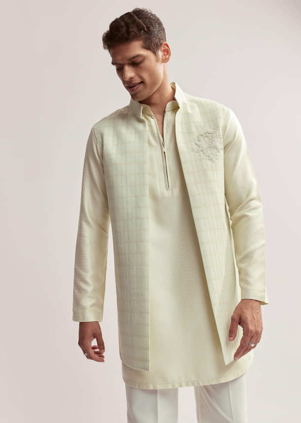 Mint Green Silk Kurta Jacket Set For Men With Cutdana Motif Mint Green Silk Kurta Jacket Set For Men With Cutdana Motif