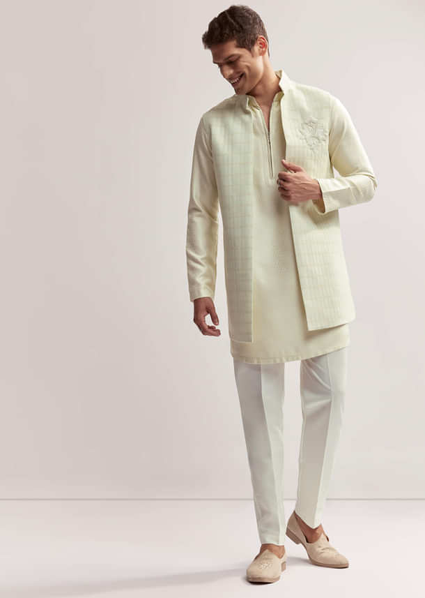 Mint Green Silk Kurta Jacket Set For Men With Cutdana Motif Mint Green Silk Kurta Jacket Set For Men With Cutdana Motif