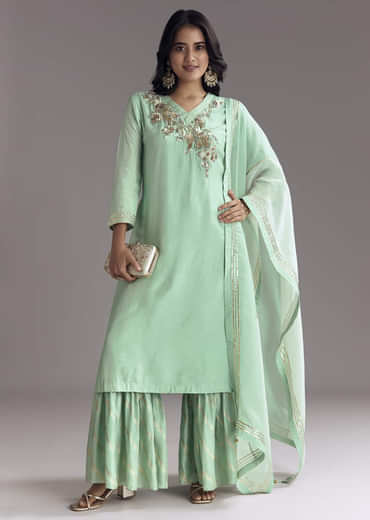 Mint Green Silk Kurta Sharara Set With Gotta Work