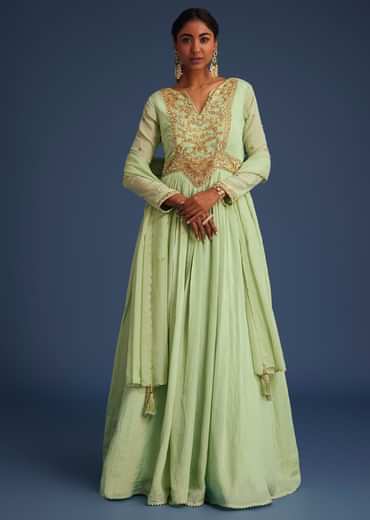 Mint Green Tissue Embroidered Anarkali With Dupatta