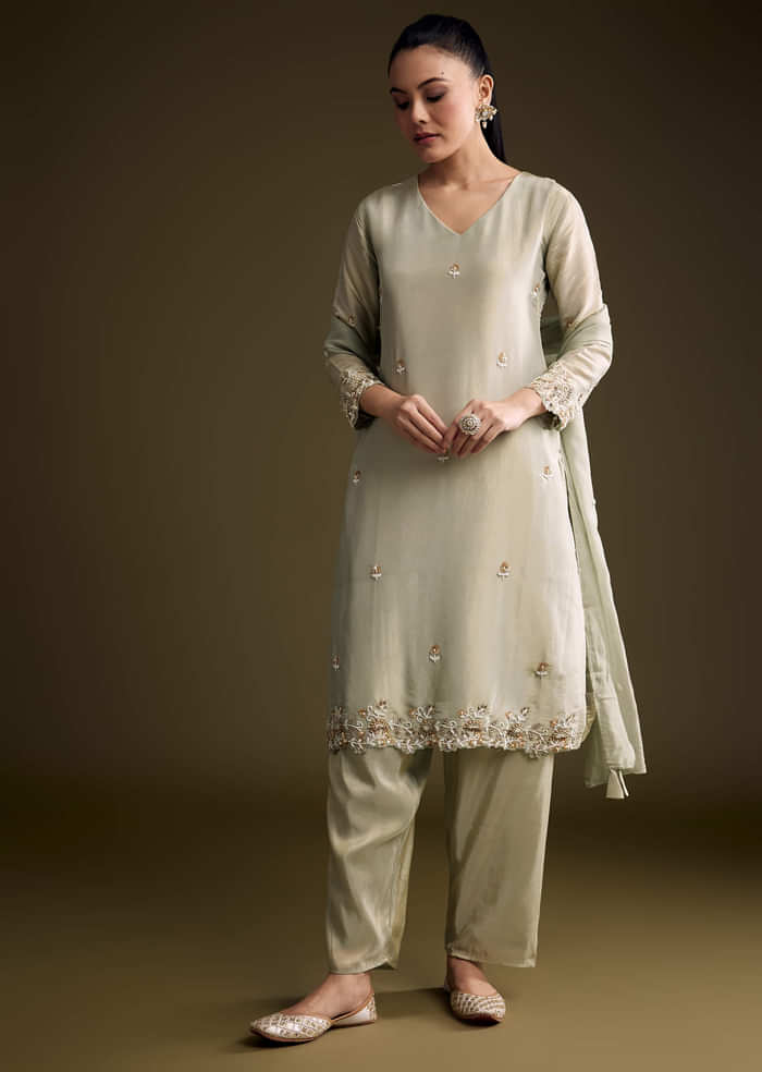 Mint Green Tissue Kurta Set With Sequins And Moti Work