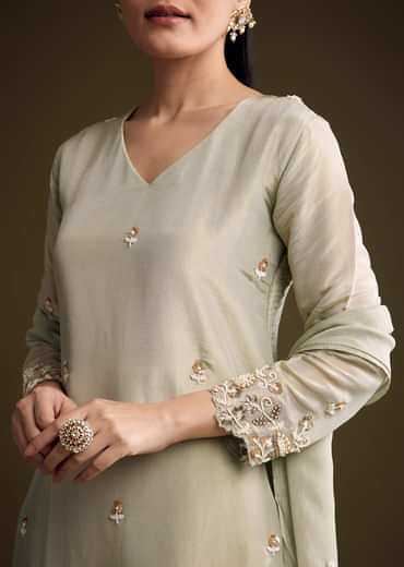 Mint Green Tissue Kurta Set With Sequins And Moti Work