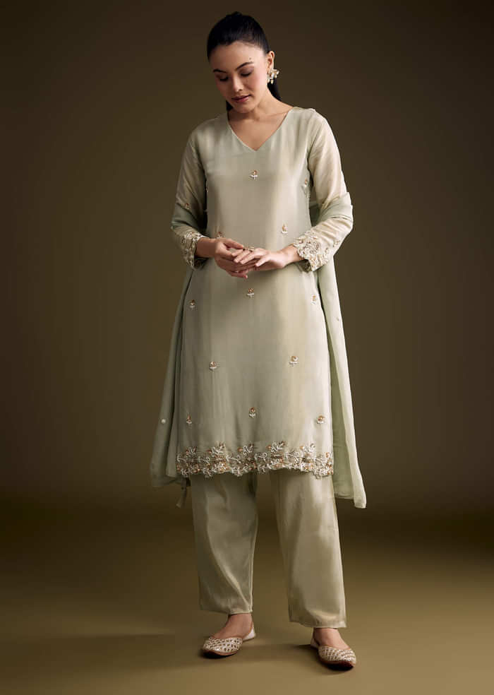 Mint Green Tissue Kurta Set With Sequins And Moti Work