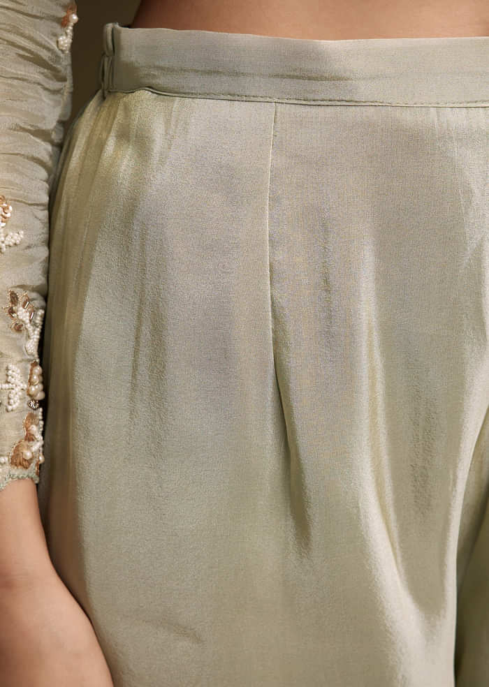 Mint Green Tissue Kurta Set With Sequins And Moti Work