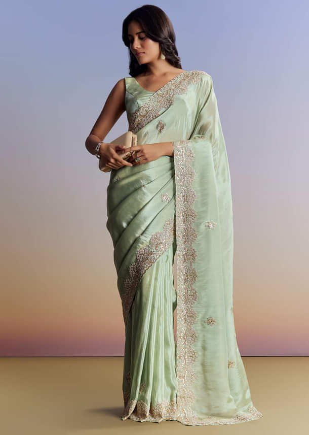 Mint Green Tissue Saree With Gota Patti Embroidery