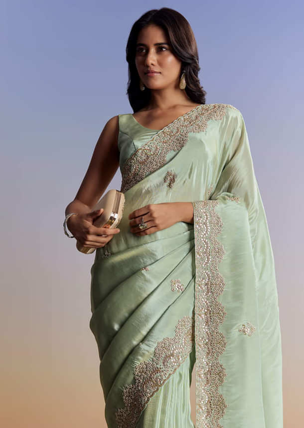 Mint Green Tissue Saree With Gota Patti Embroidery