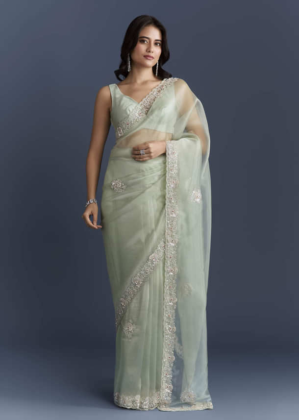 Mint Green Tissue Saree With Heavy Hand Embroidery Mint Green Tissue Saree With Heavy Hand Embroidery