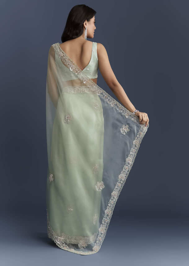 Mint Green Tissue Saree With Heavy Hand Embroidery Mint Green Tissue Saree With Heavy Hand Embroidery