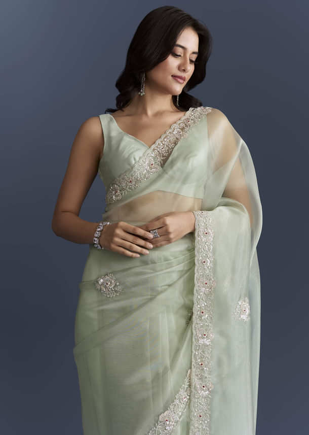 Mint Green Tissue Saree With Heavy Hand Embroidery Mint Green Tissue Saree With Heavy Hand Embroidery