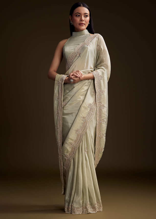 Mint Green Tissue Saree With Zardosi And Bead Embroidery