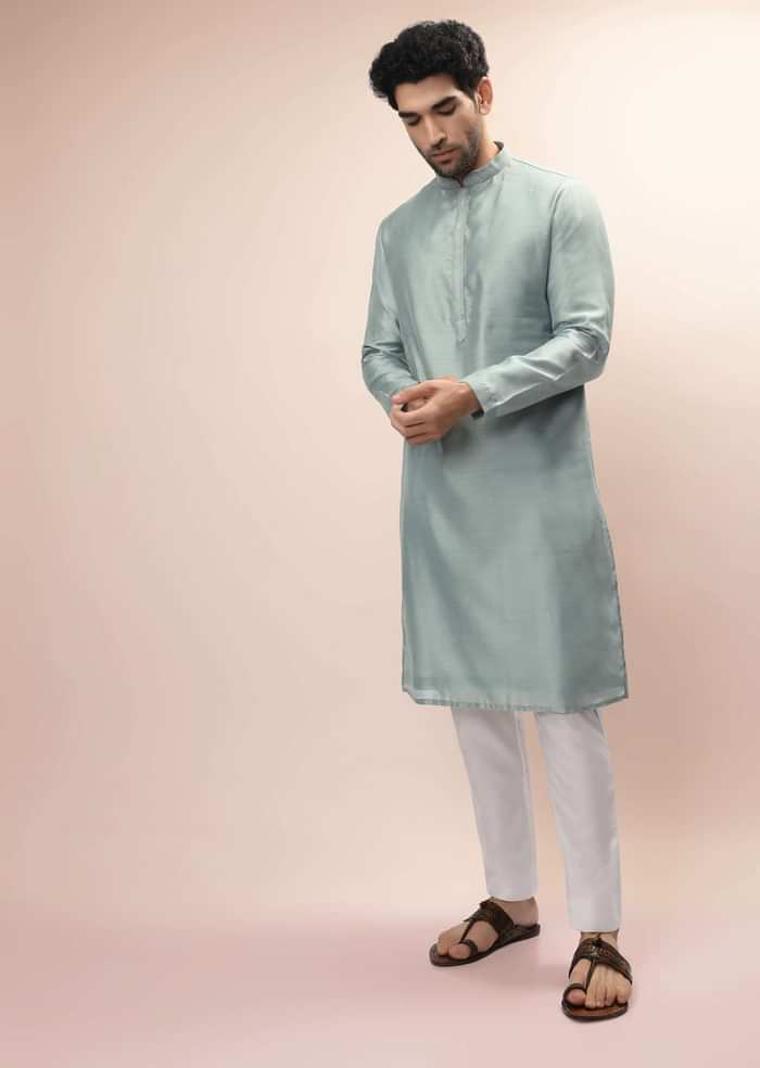 Mint Nehru Jacket And Kurta Set With Resham And Mirror Embroidered Tribal Buttis