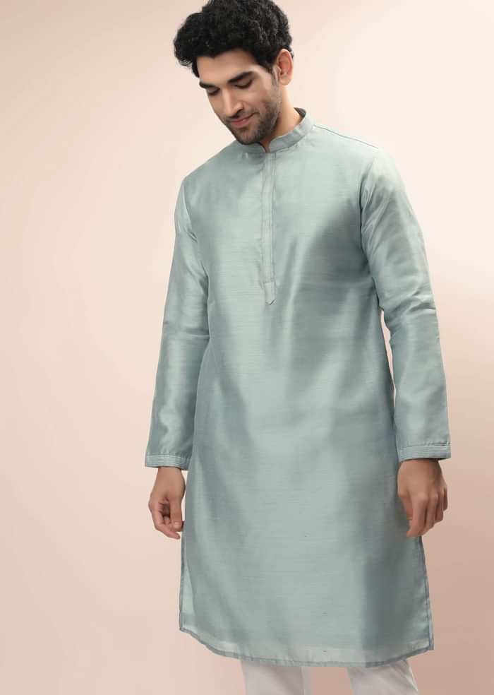 Mint Nehru Jacket And Kurta Set With Resham And Mirror Embroidered Tribal Buttis