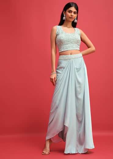 Mint Blue Embroidered Crop Top Set With Jacket