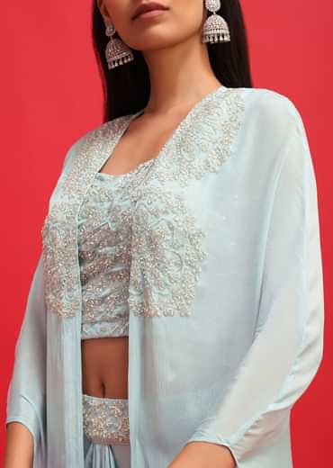Mint Blue Embroidered Crop Top Set With Jacket