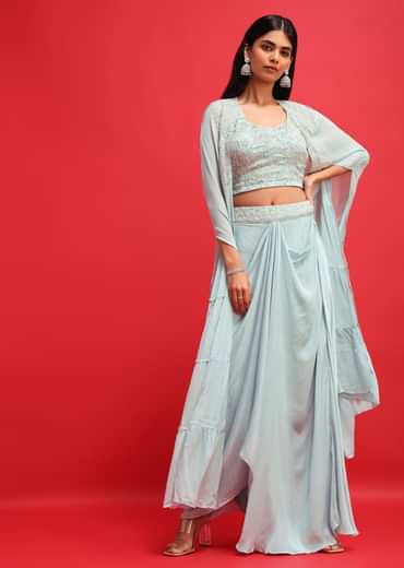 Mint Blue Embroidered Crop Top Set With Jacket