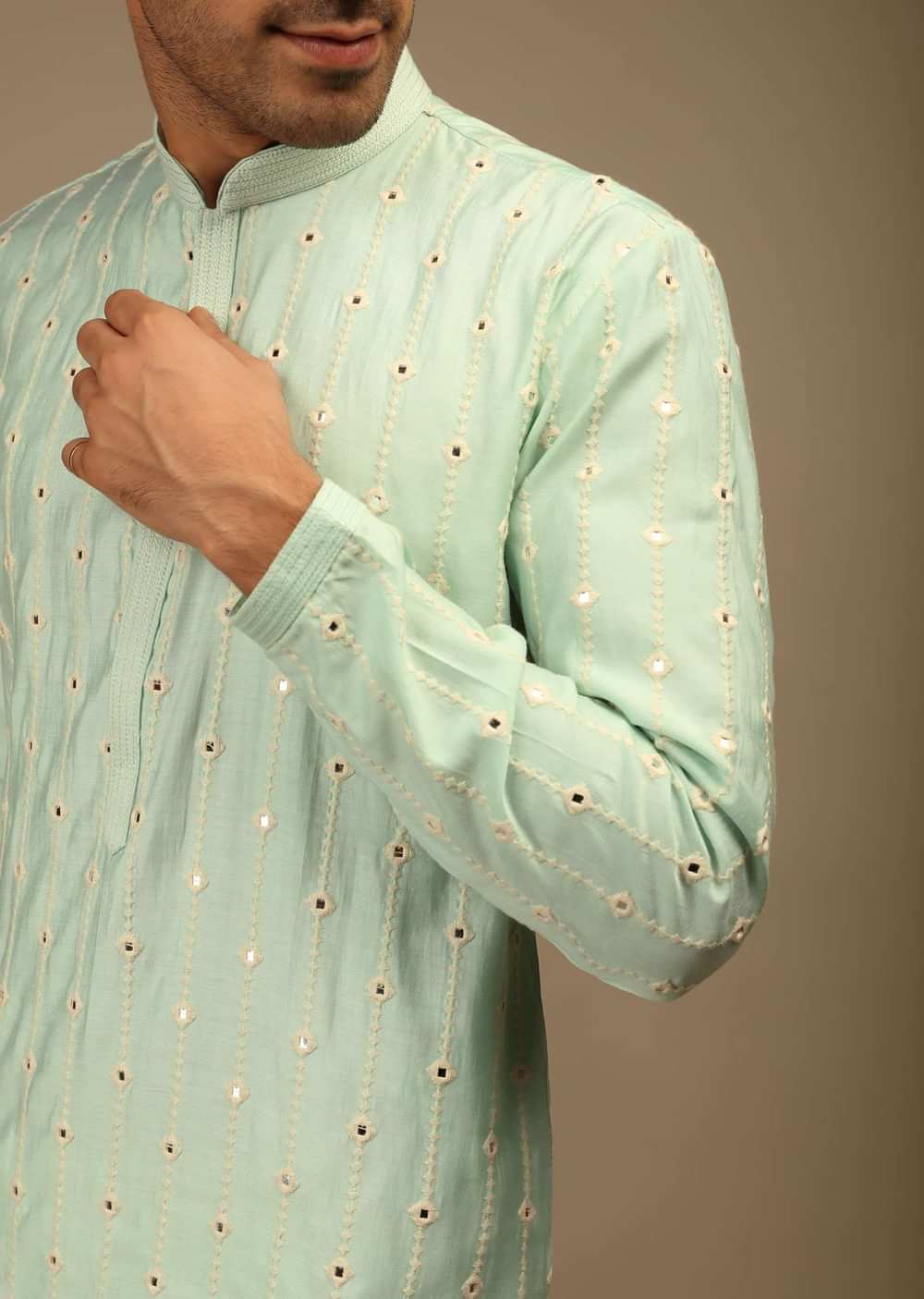 Mint Blue Kurta Set In Silk With Thread And Abla Embroidered Geometric Motifs In Striped Design