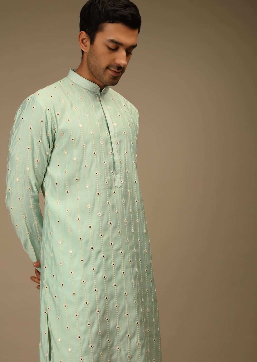 Mint Blue Kurta Set In Silk With Thread And Abla Embroidered Geometric Motifs In Striped Design