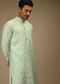 Mint Blue Kurta Set In Silk With Thread And Abla Embroidered Geometric Motifs In Striped Design