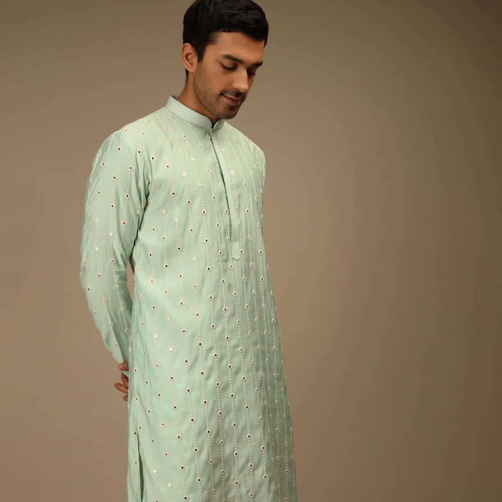 Mint Blue Kurta Set In Silk With Thread And Abla Embroidered Geometric Motifs In Striped Design