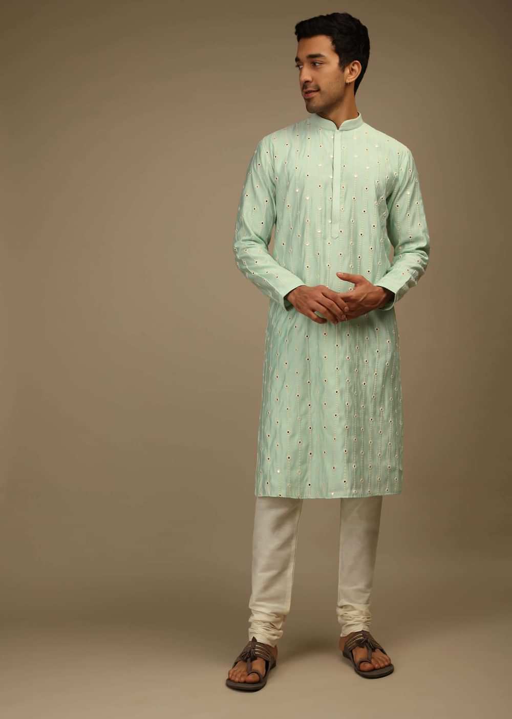 Mint Blue Kurta Set In Silk With Thread And Abla Embroidered Geometric Motifs In Striped Design