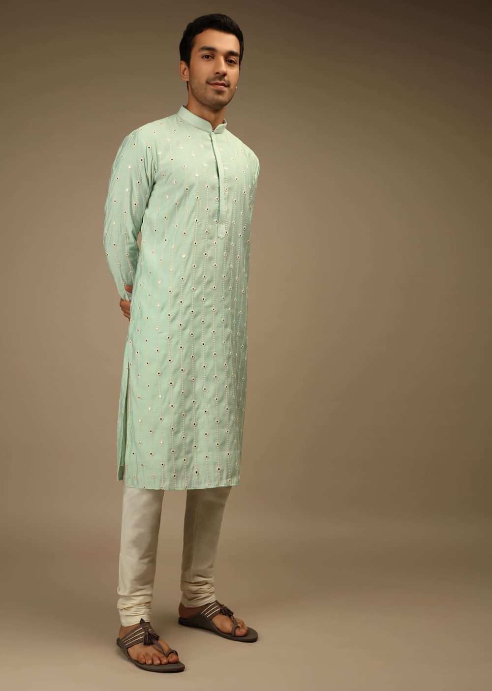 Mint Blue Kurta Set In Silk With Thread And Abla Embroidered Geometric Motifs In Striped Design