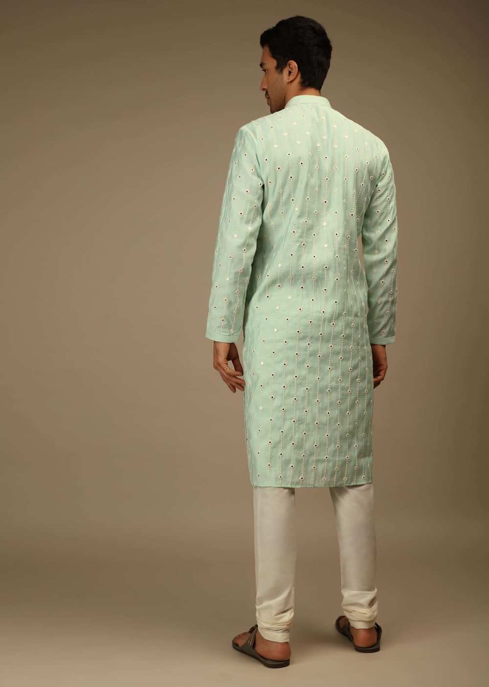 Mint Blue Kurta Set In Silk With Thread And Abla Embroidered Geometric Motifs In Striped Design